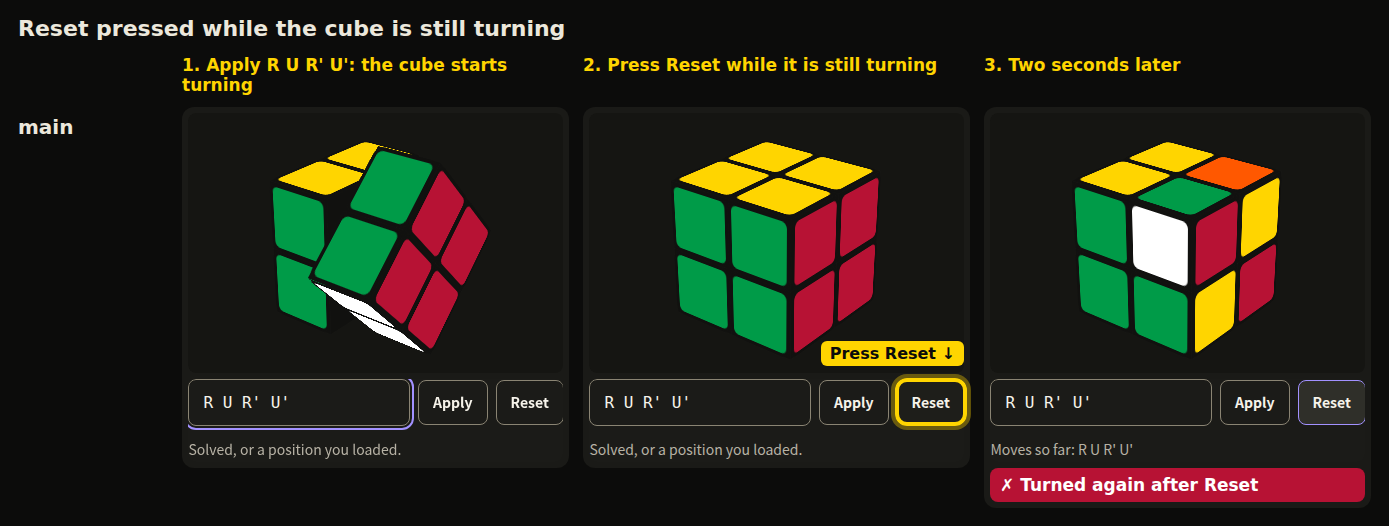 The task cube on main: R U R' U' applied, Reset pressed during the first turn, and two seconds later the cube has turned again and reads "Moves so far: R U R' U'"