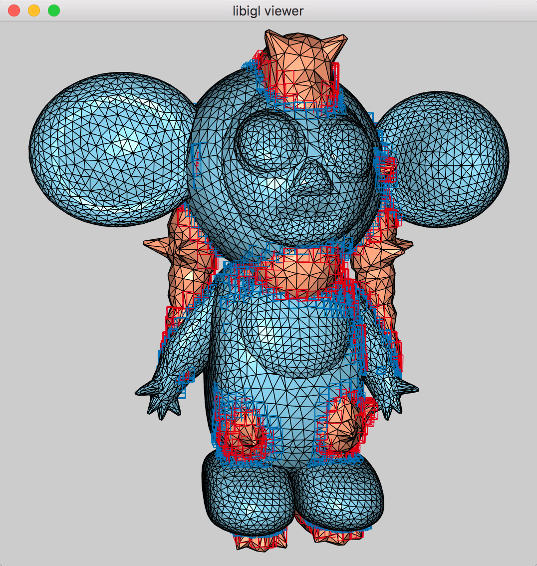 Using an AABB Tree for each shape (light red and light blue triangle meshes), we identify a set of candidate intersecting bounding boxes (red and blue). 