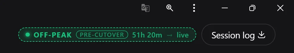 Peak-hours pill in the harness session header