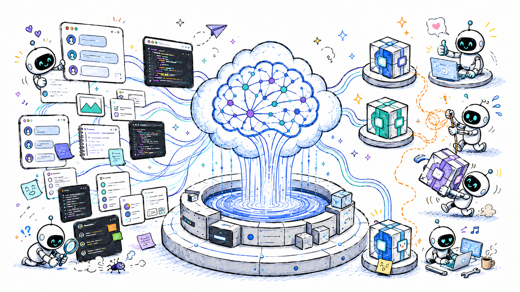 MemoryCloud hero: AI agent memories flowing from chats and code into installable memory packages