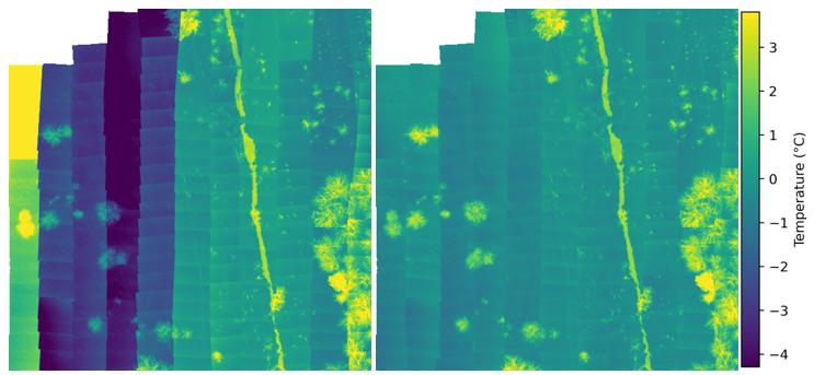 A mosaic of thermal images before and after calibration.