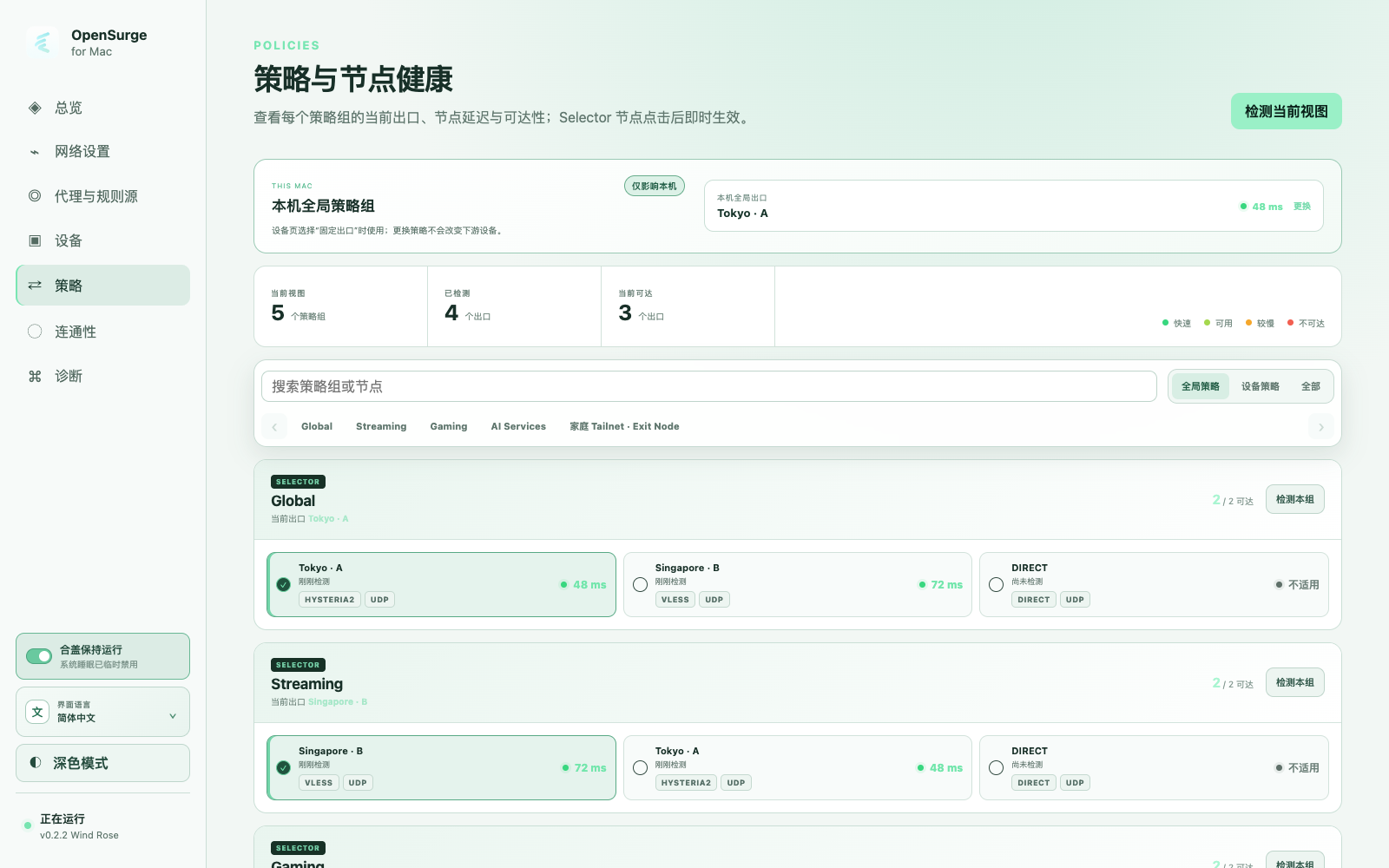 OpenSurge 策略与节点健康页面