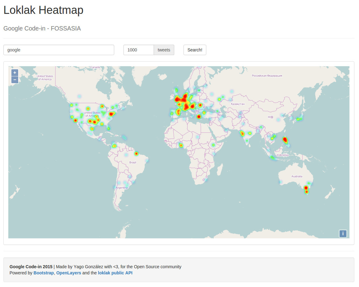 loklak Heatmap results for 1000 tweets about "google"