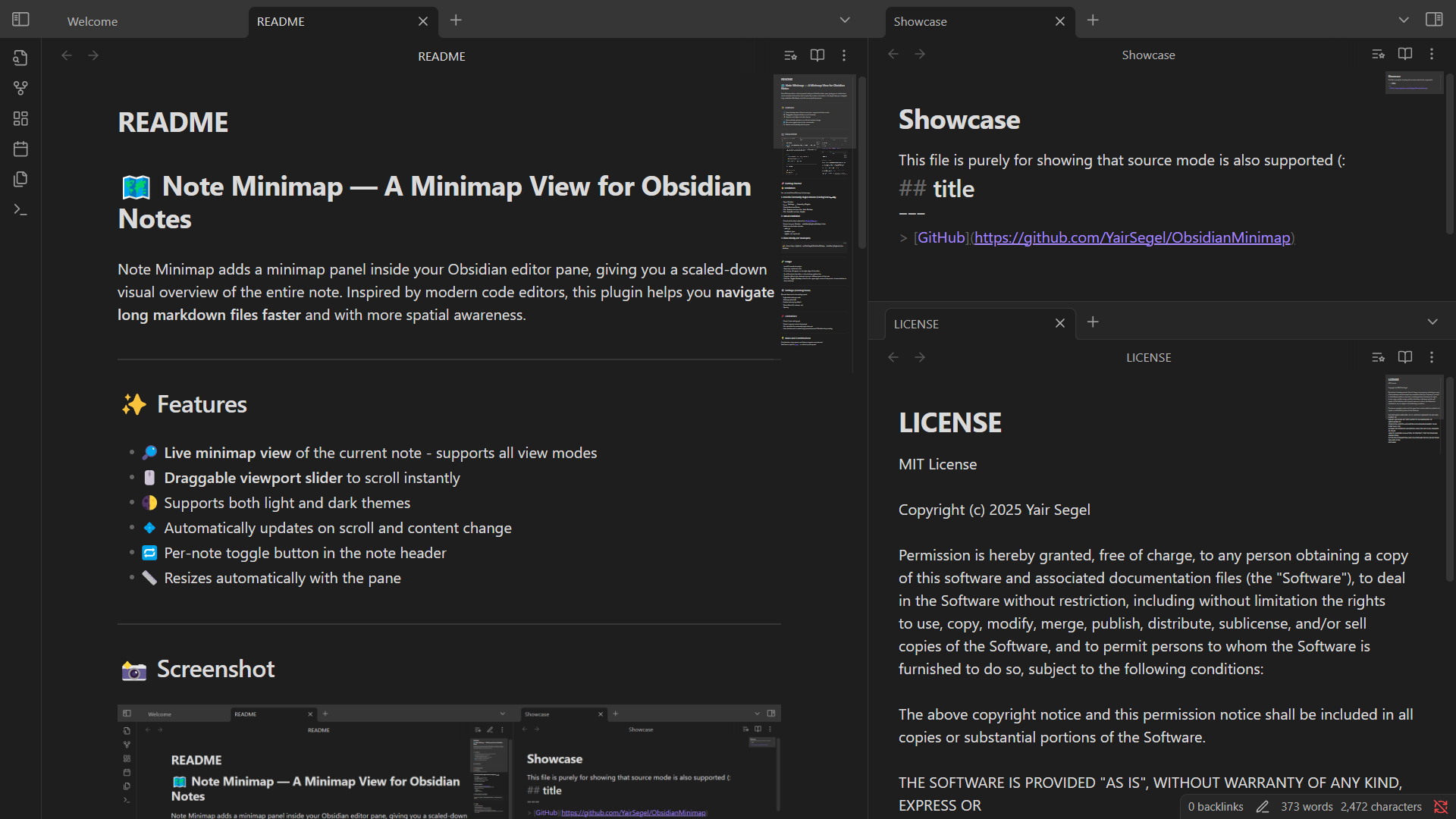 Screenshot of Obsidian with active minimaps.