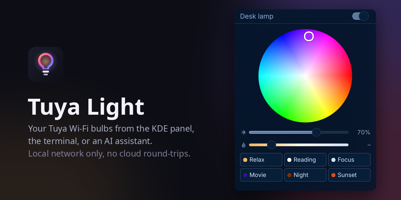 Tuya Light: the panel popup with a colour wheel, brightness and white temperature sliders, and six scenes