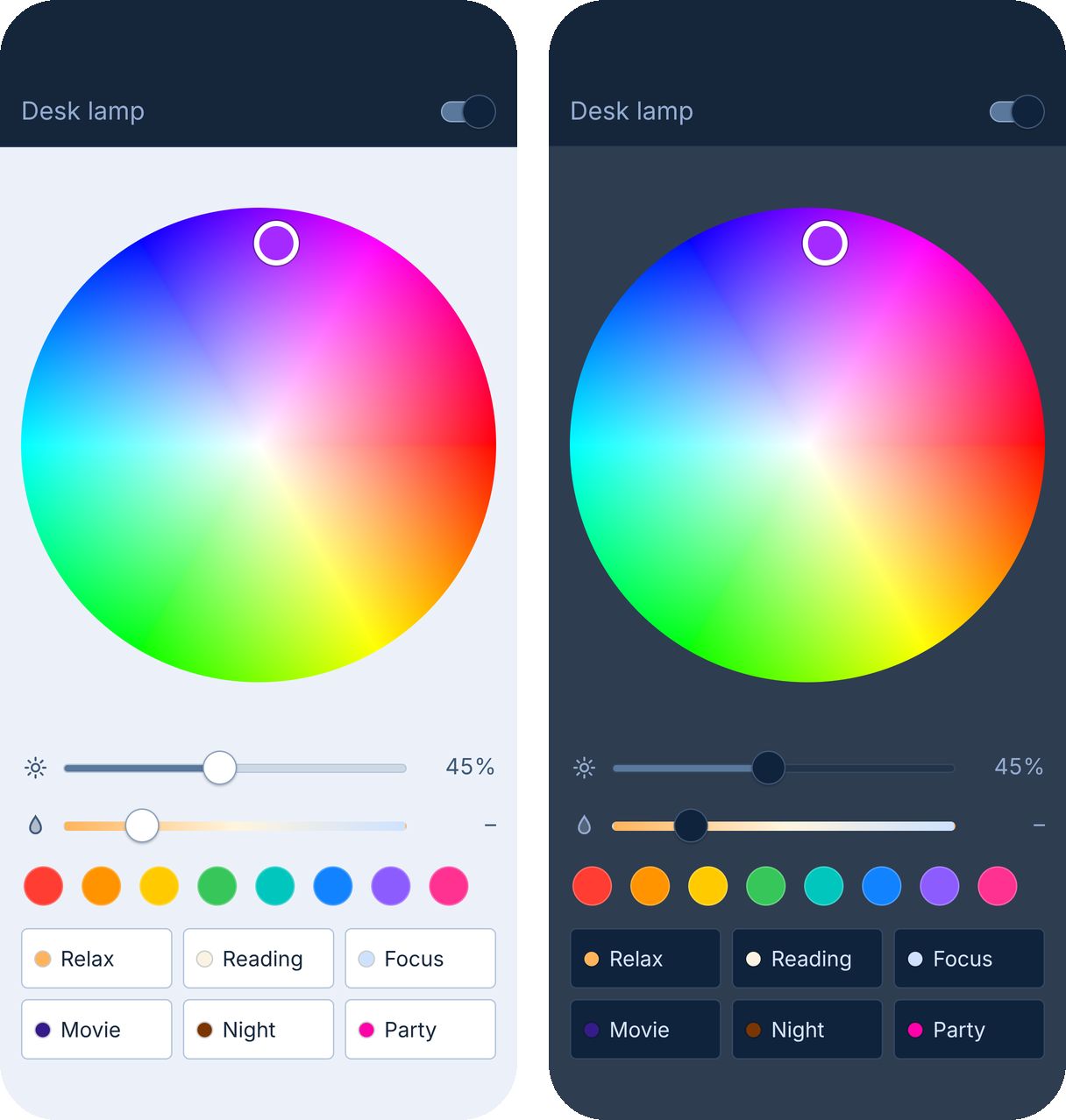 The phone page in light and dark mode: the light's name and switch at the top, the colour wheel, brightness and white temperature sliders, a row of favourite colours, and six scenes in three columns