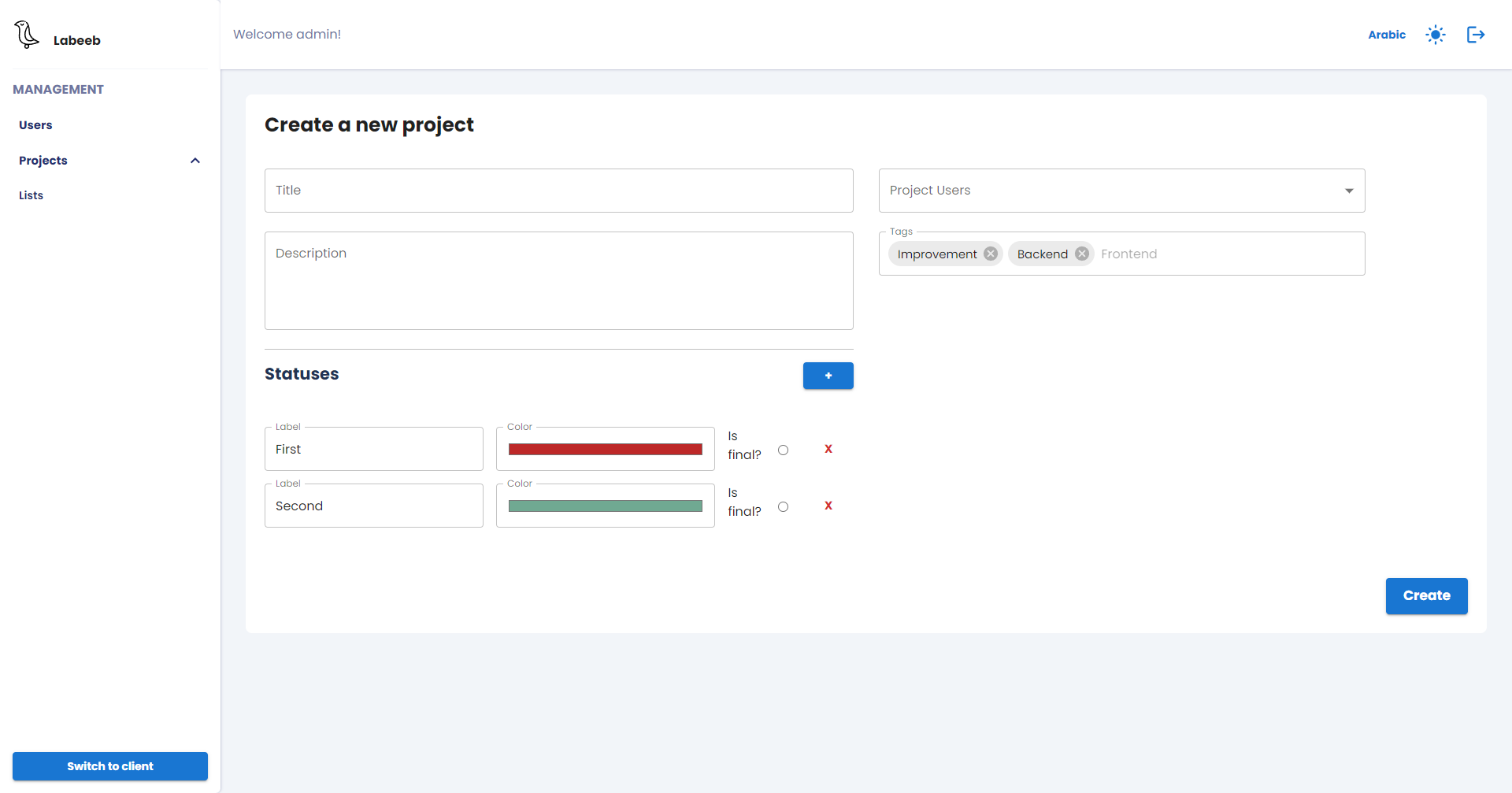 Admin panel create project