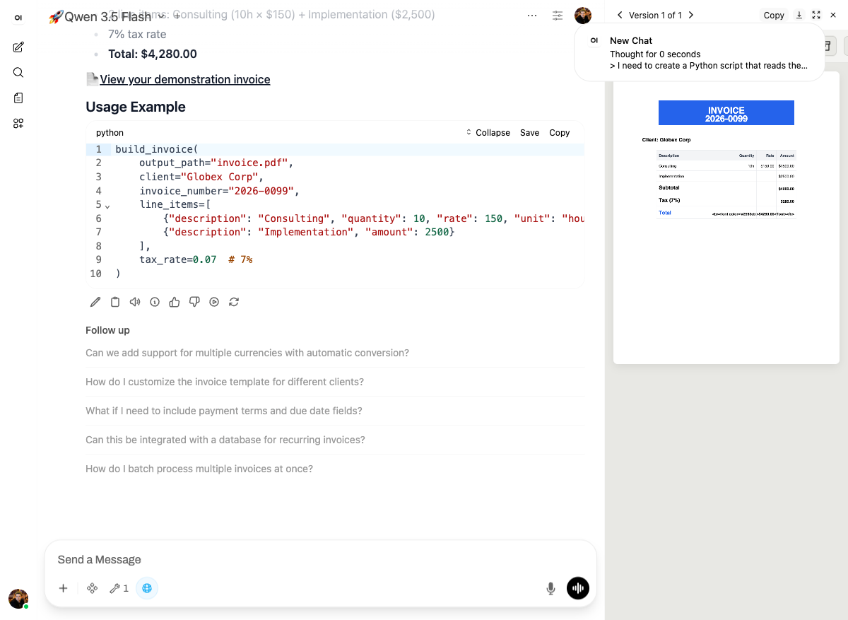 invoice-builder skill demonstrating itself: usage code on the left, generated PDF on the right