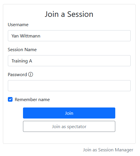 Screenshot of the the join session screen