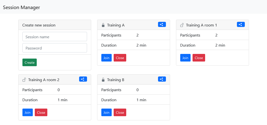 Screenshot of the session manager with multiple sessions and users