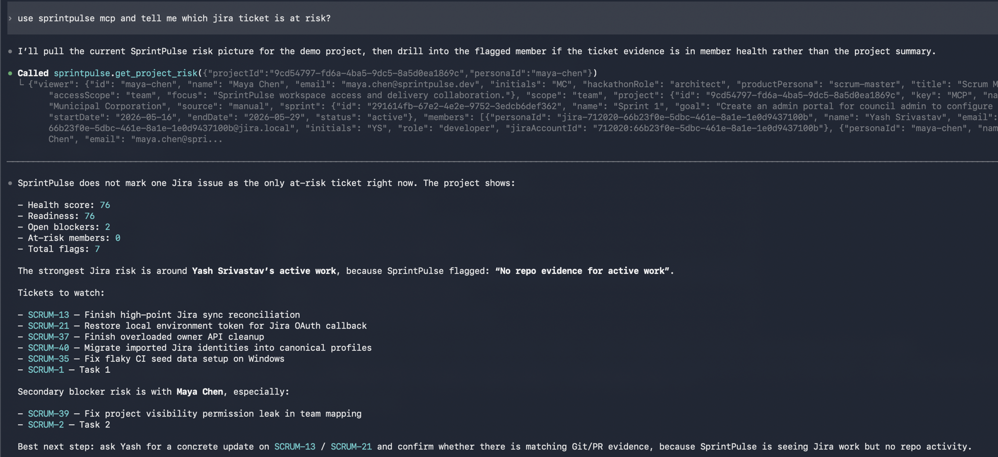 SprintPulse MCP agent run in Claude Code