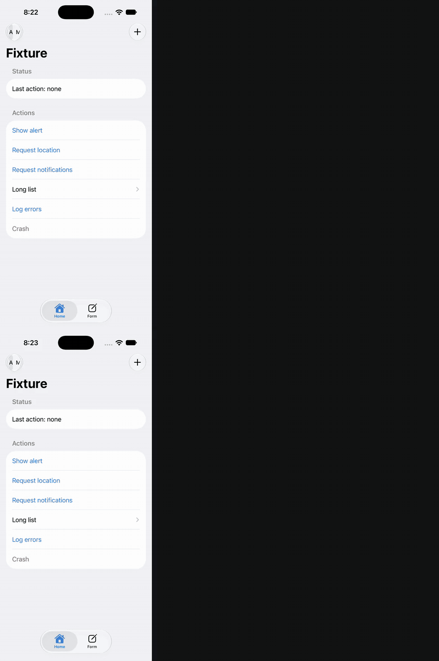 The same task with chauffeur (top, 5 turns, $0.025) and Xcode 27's MCP (bottom, 14 turns, $0.206)