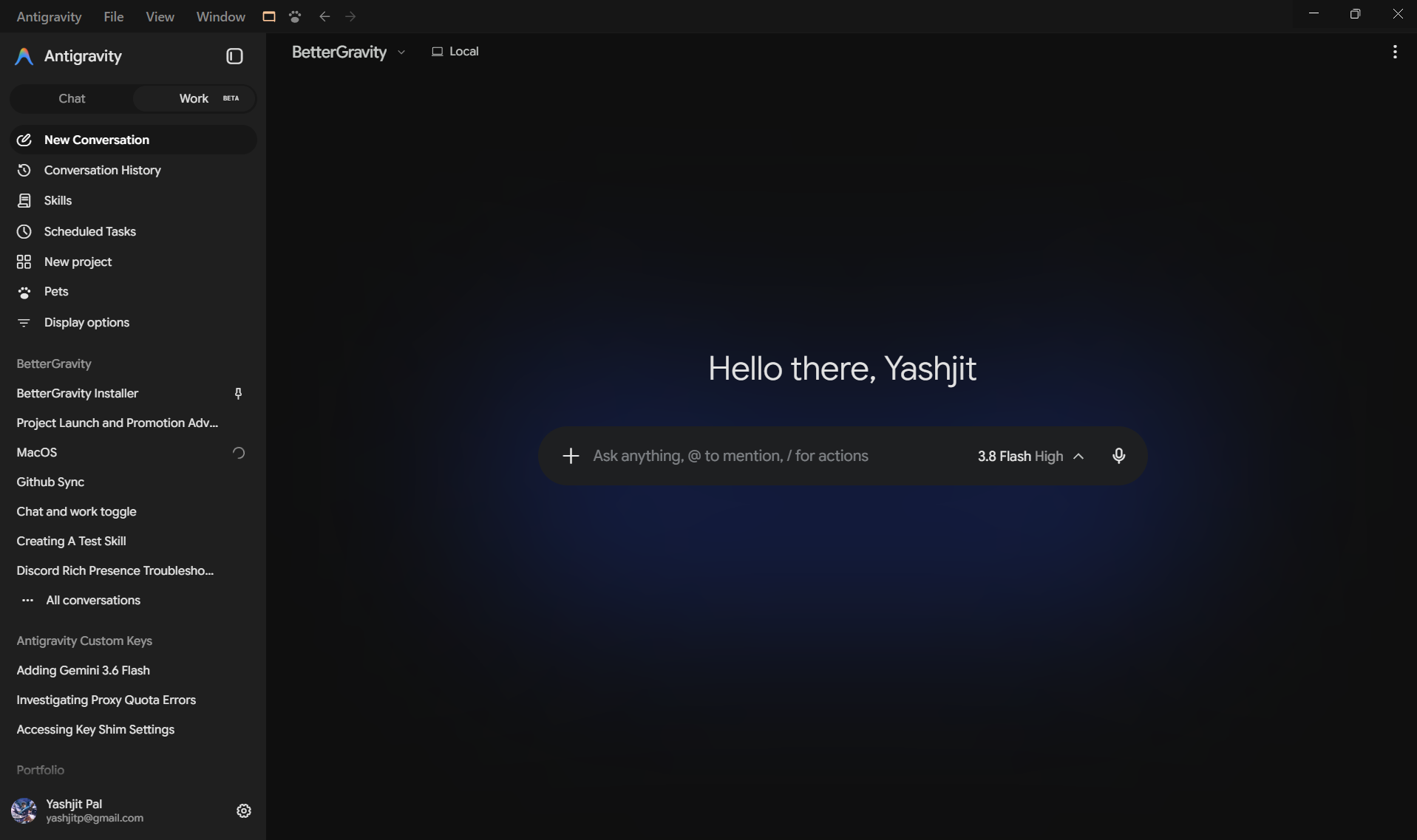 The BetterGravity interface inside Google Antigravity