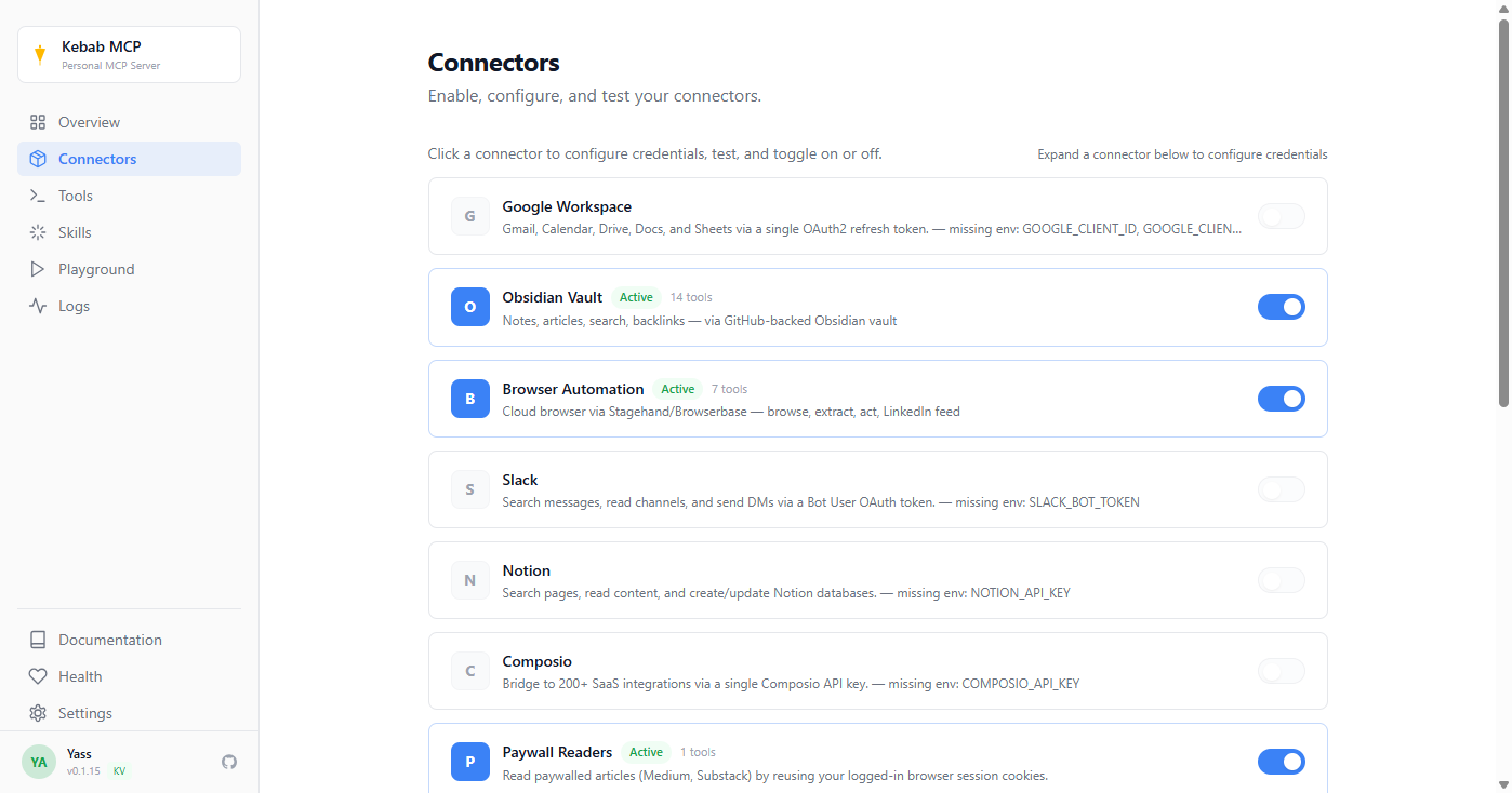 Kebab MCP dashboard