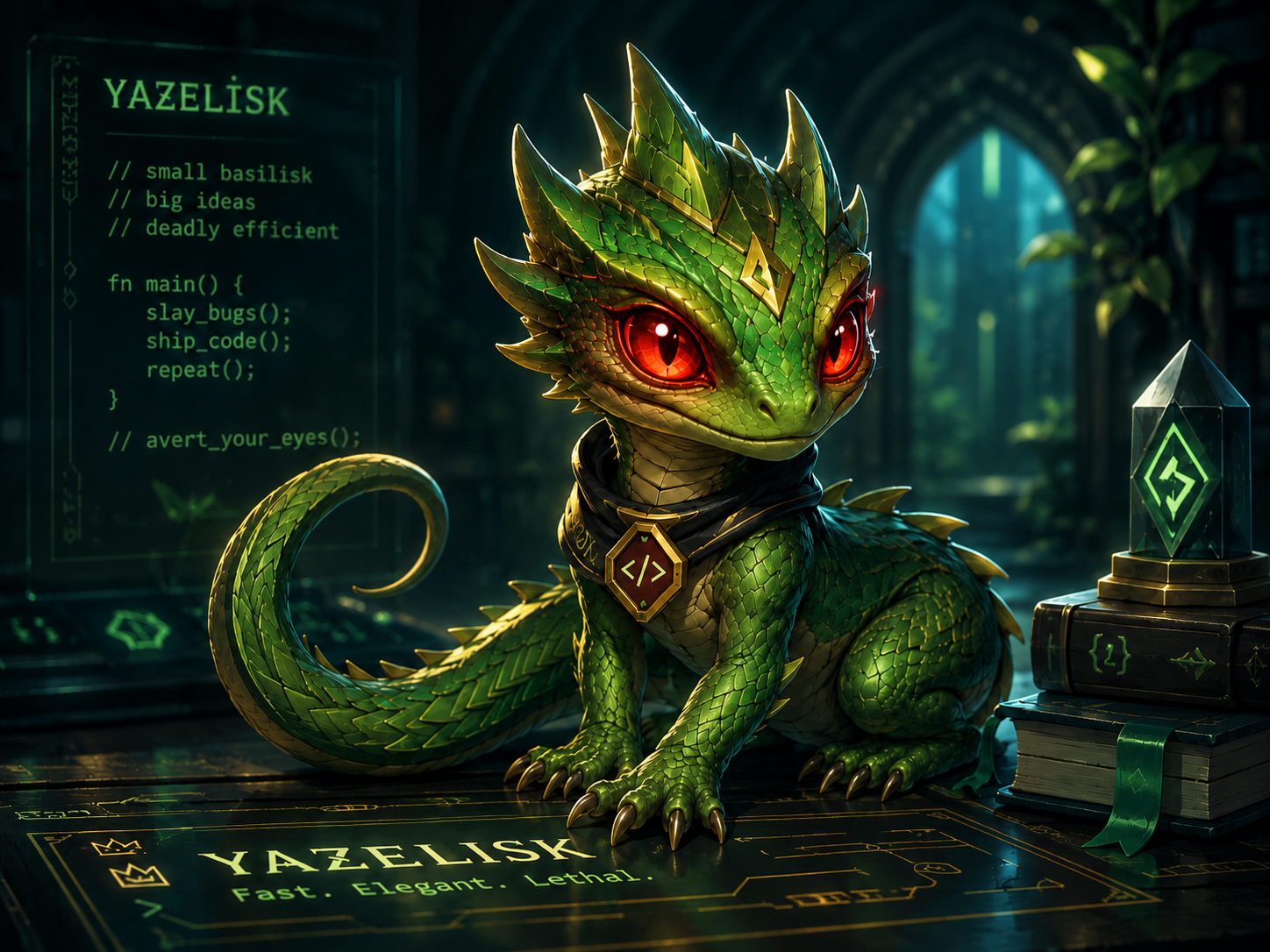 Yazelisk, the Yazelix basilisk mascot