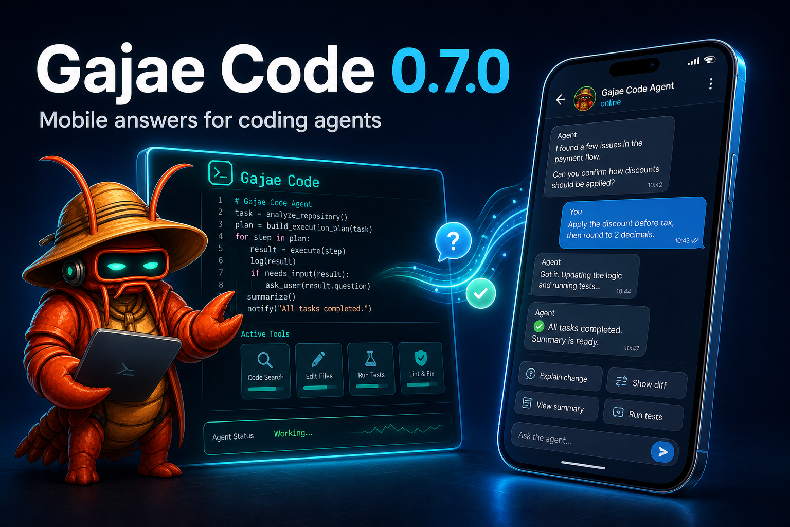 Gajae Code mobile answers for coding agents hero illustration