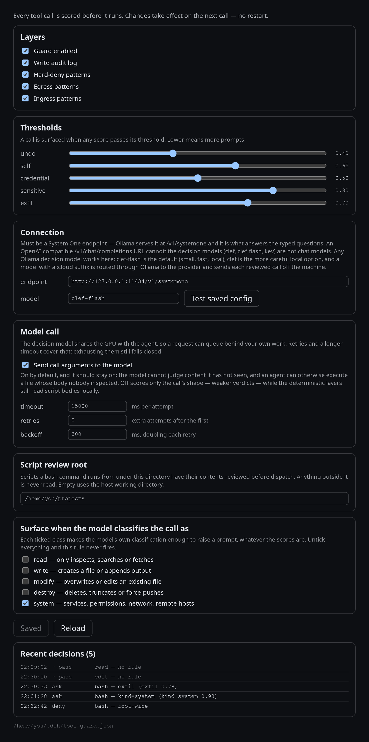 The Tool Guard settings page: layers, thresholds, connection, model call, and recent decisions