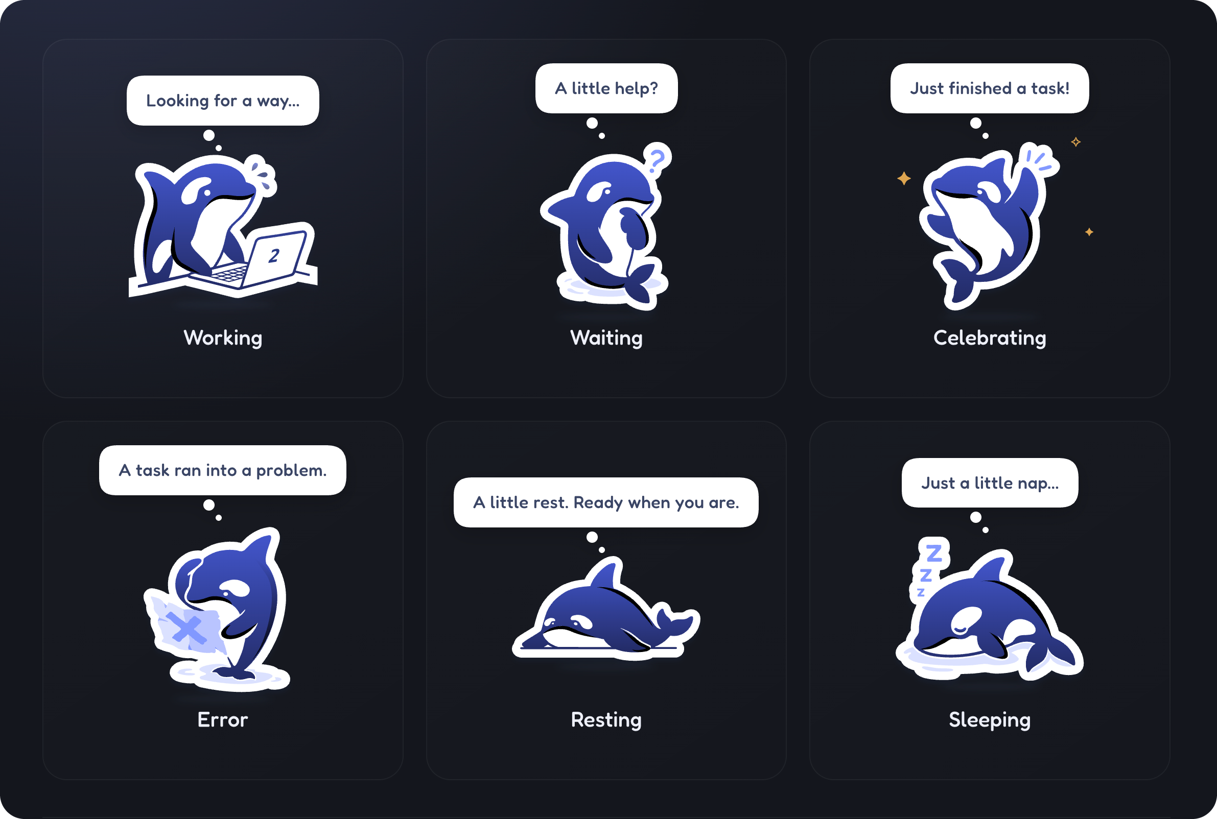 Six whale states: working, waiting, celebrating, error, resting, and sleeping
