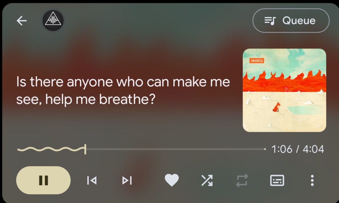 Prism on Android Auto, the sung line shown in place of the song title
