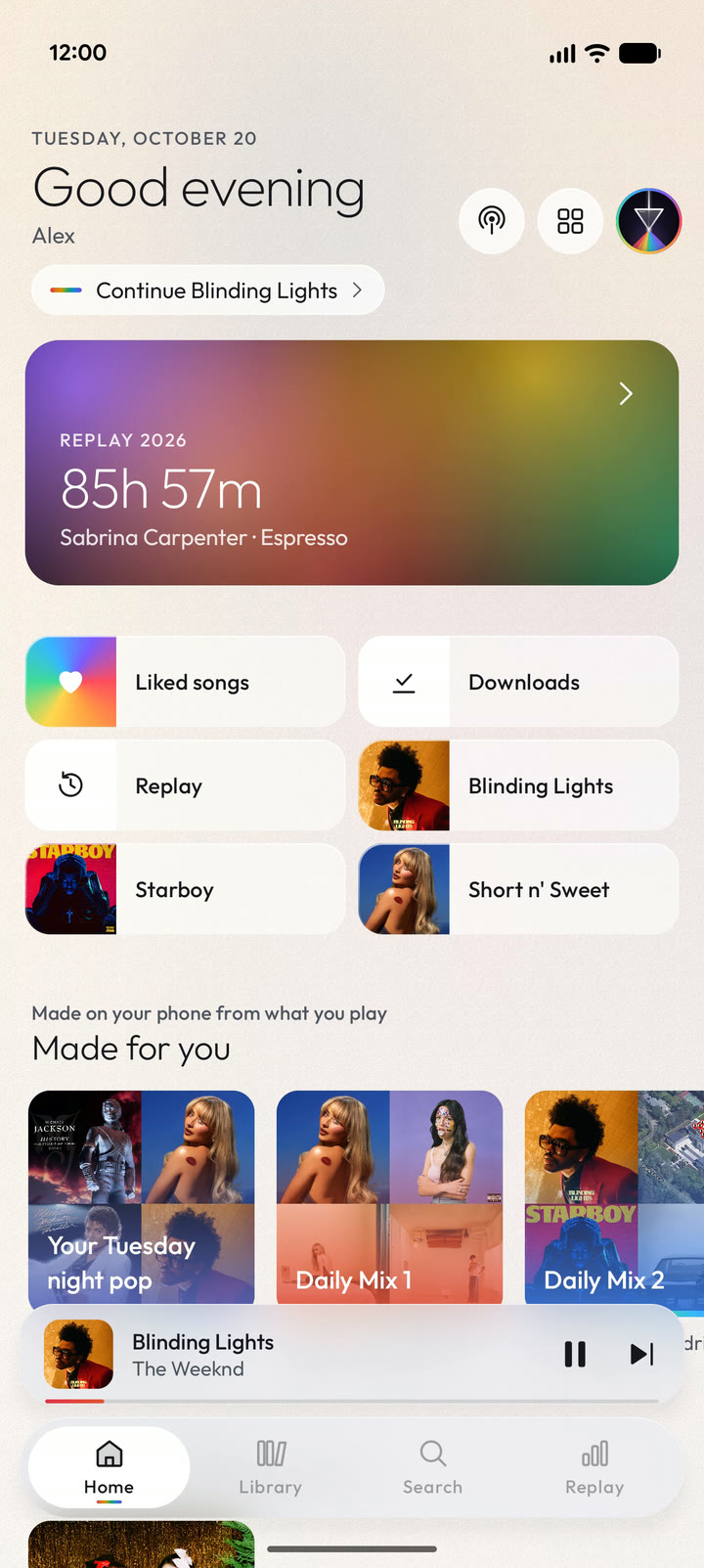 Home with the Replay card, shortcuts and Made for you