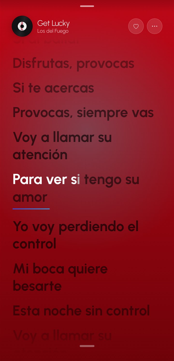 Bold card: big bold lyrics on a color from the cover, the sung words filling in white