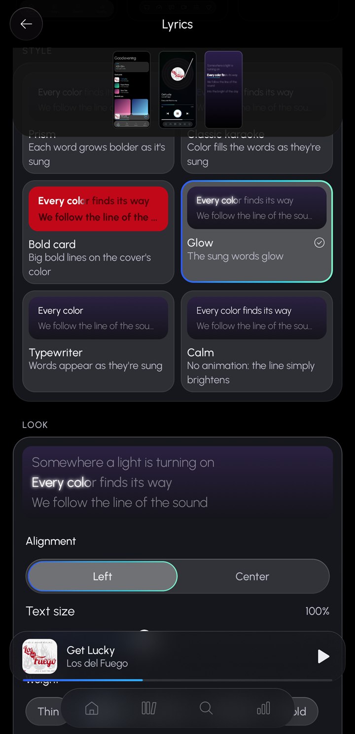 Lyrics settings: six styles, each shown as it looks