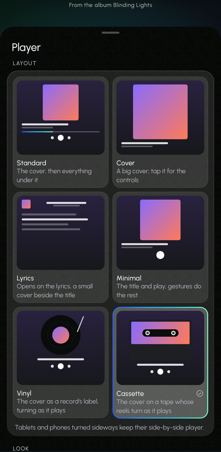 Player settings: six layouts