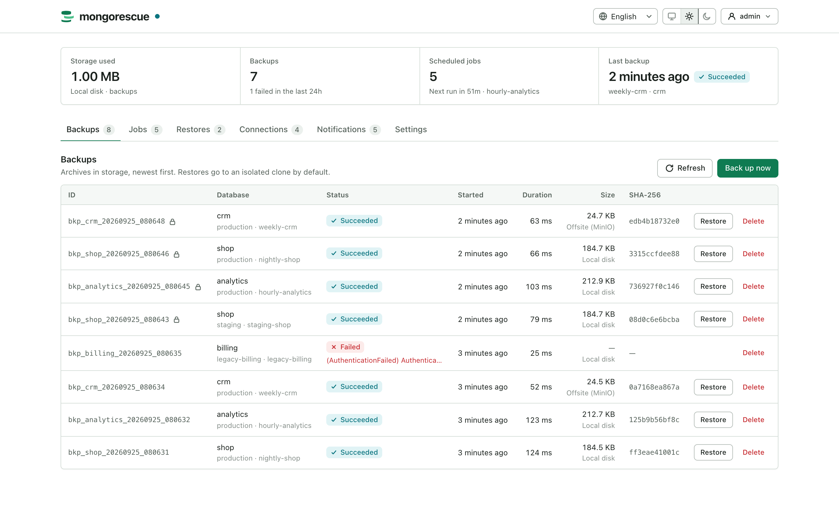 The MongoRescue dashboard listing recent backups