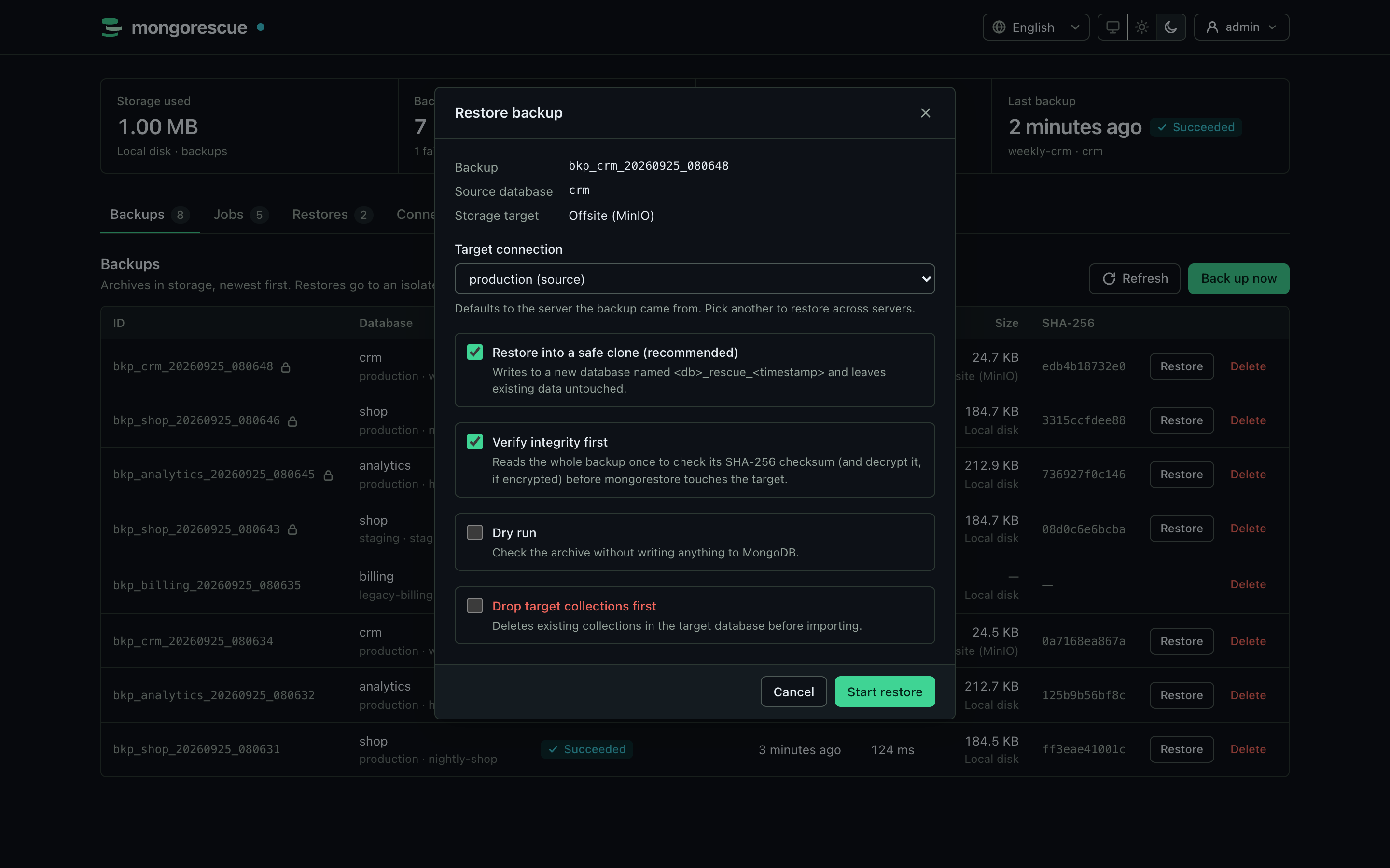 Restore dialog with safe clone and verification