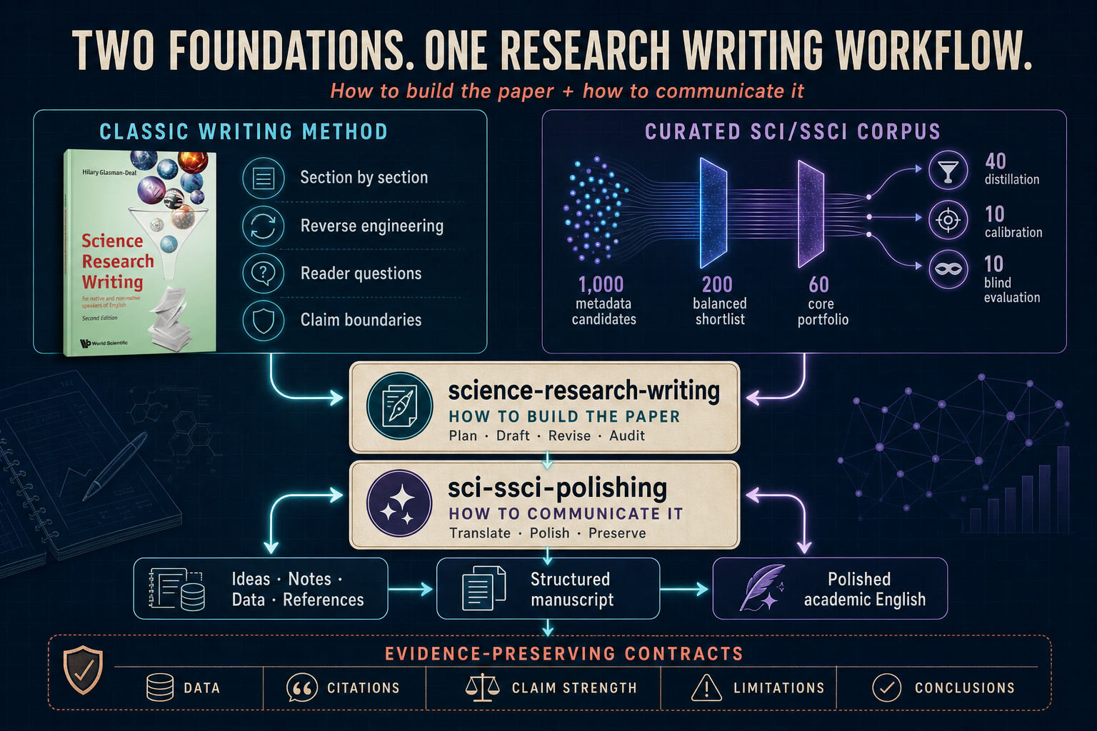 Architecture of SCI/SSCI Research Writing Skills: a book-informed writing workflow and a curated SCI/SSCI corpus pipeline connected by evidence-preserving contracts