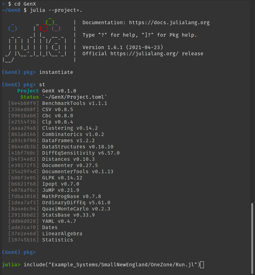Creating the Julia environment and installing dependencies from Project.toml file from inside the GenX folder: Step 7