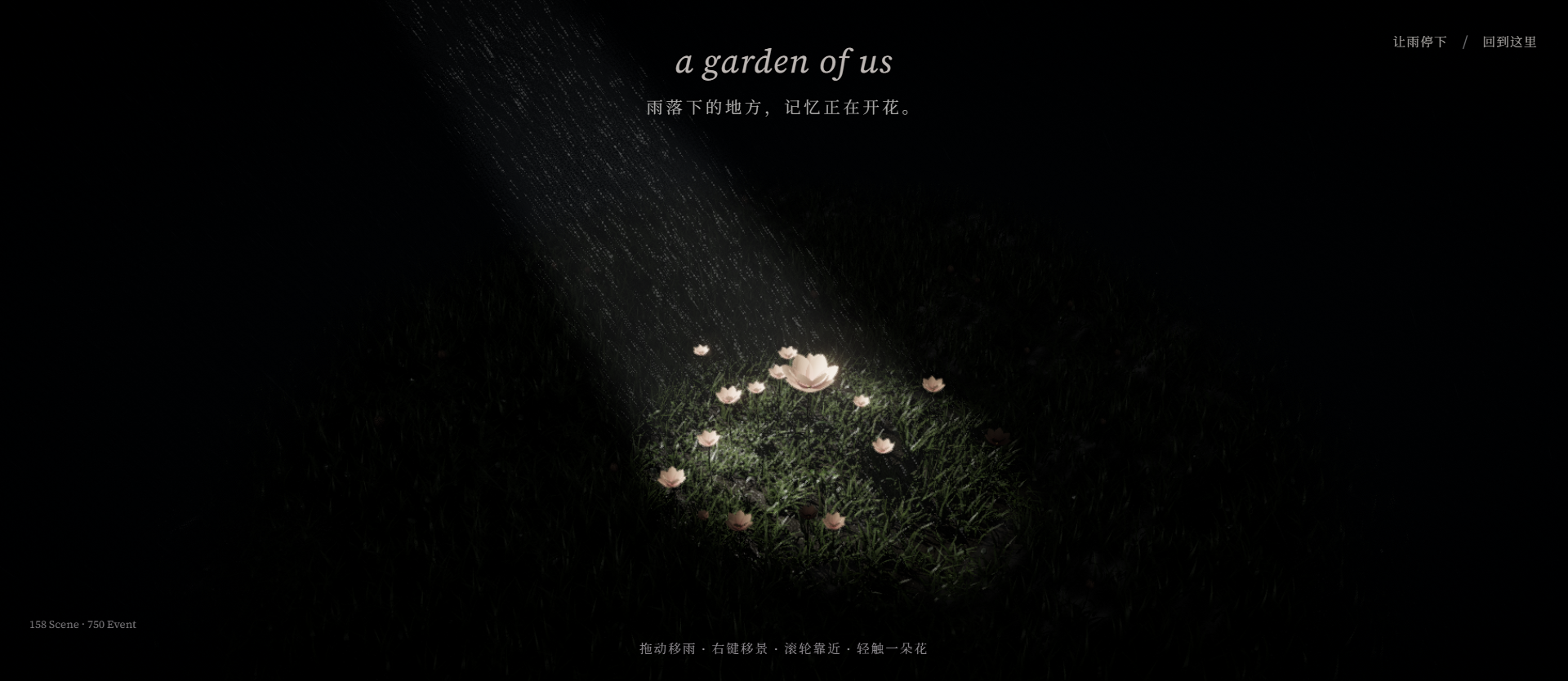 雨夜花园全景:斜雨照亮湿润的草地,浅色花朵在雨中展开。