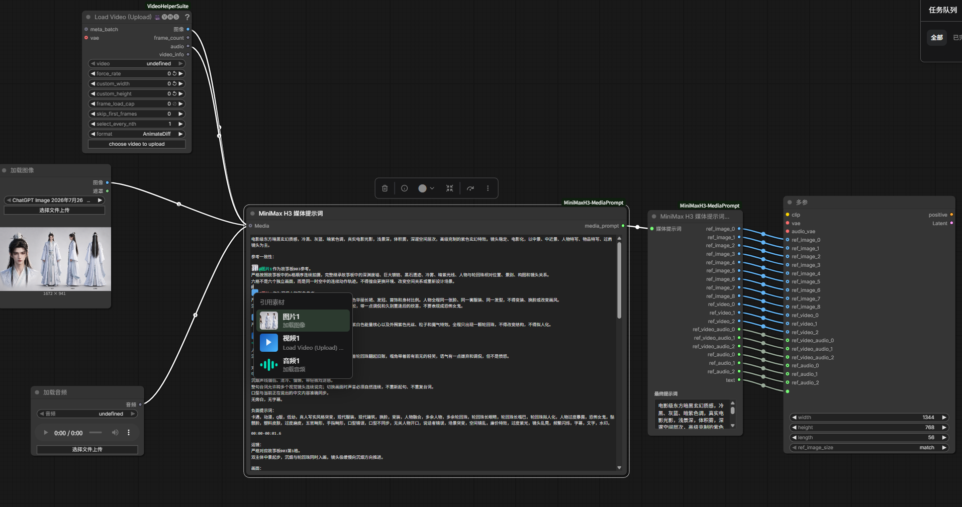 MiniMax H3 Media Prompt workflow connected to MiniMaxH3ReferenceToVideo