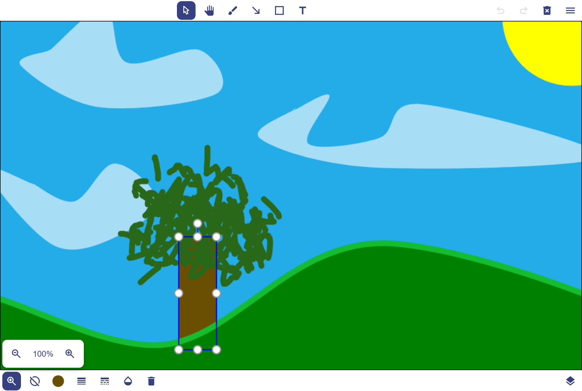 The React Paint editor: a drawing of a tree on a hill, with the trunk selected