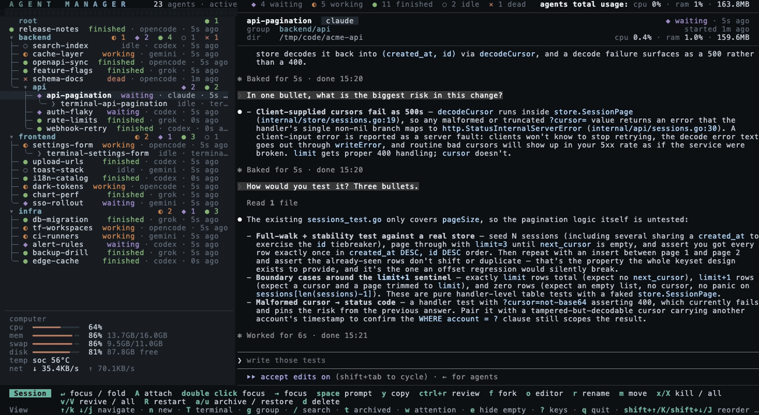 the session list taking the whole terminal, one-line rows with the messages badge on the foot, then a session focused full screen