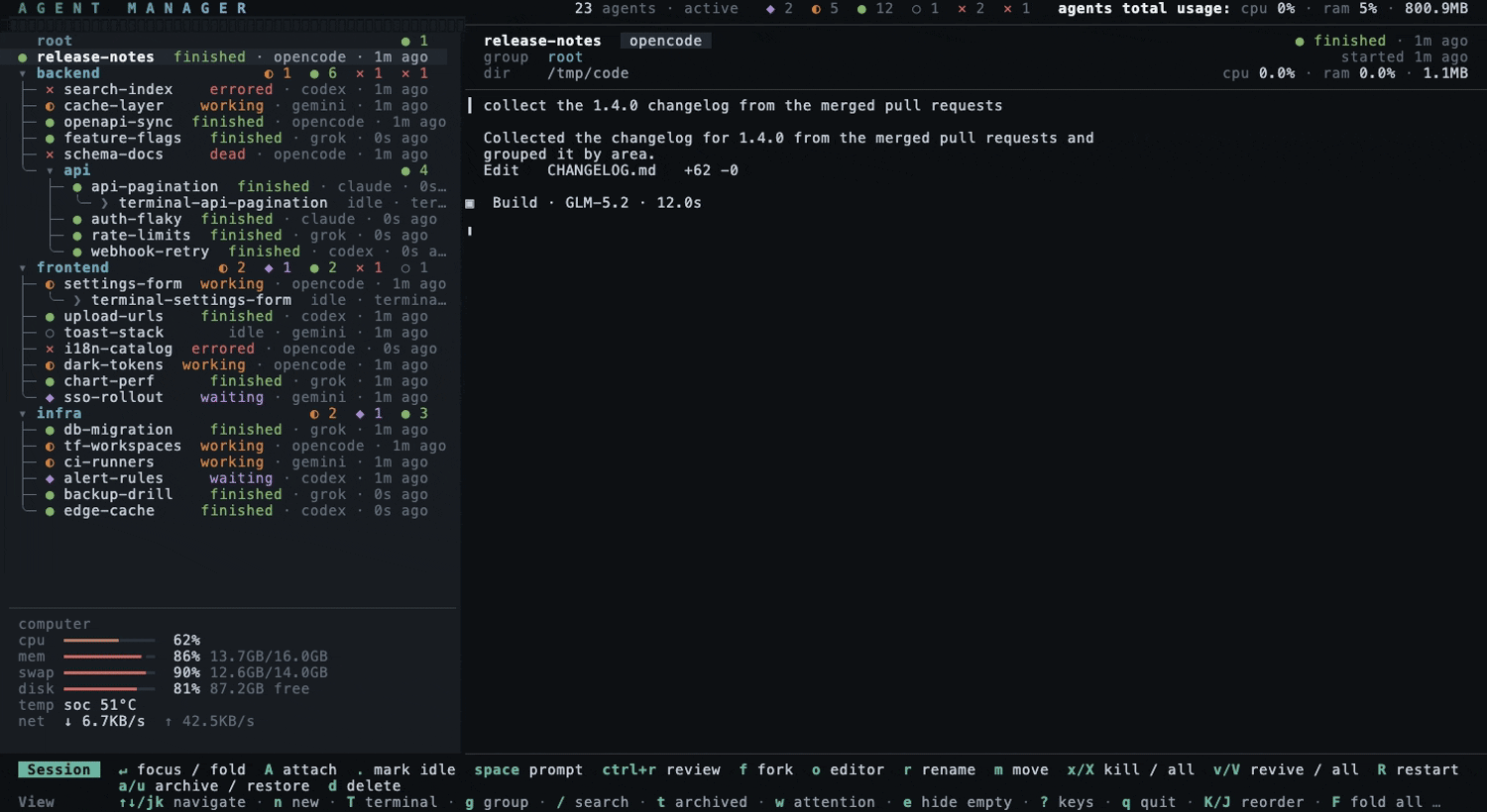 five prompts to five fresh agents without moving the cursor, one per CLI, then the blocked one answered and its diff opened