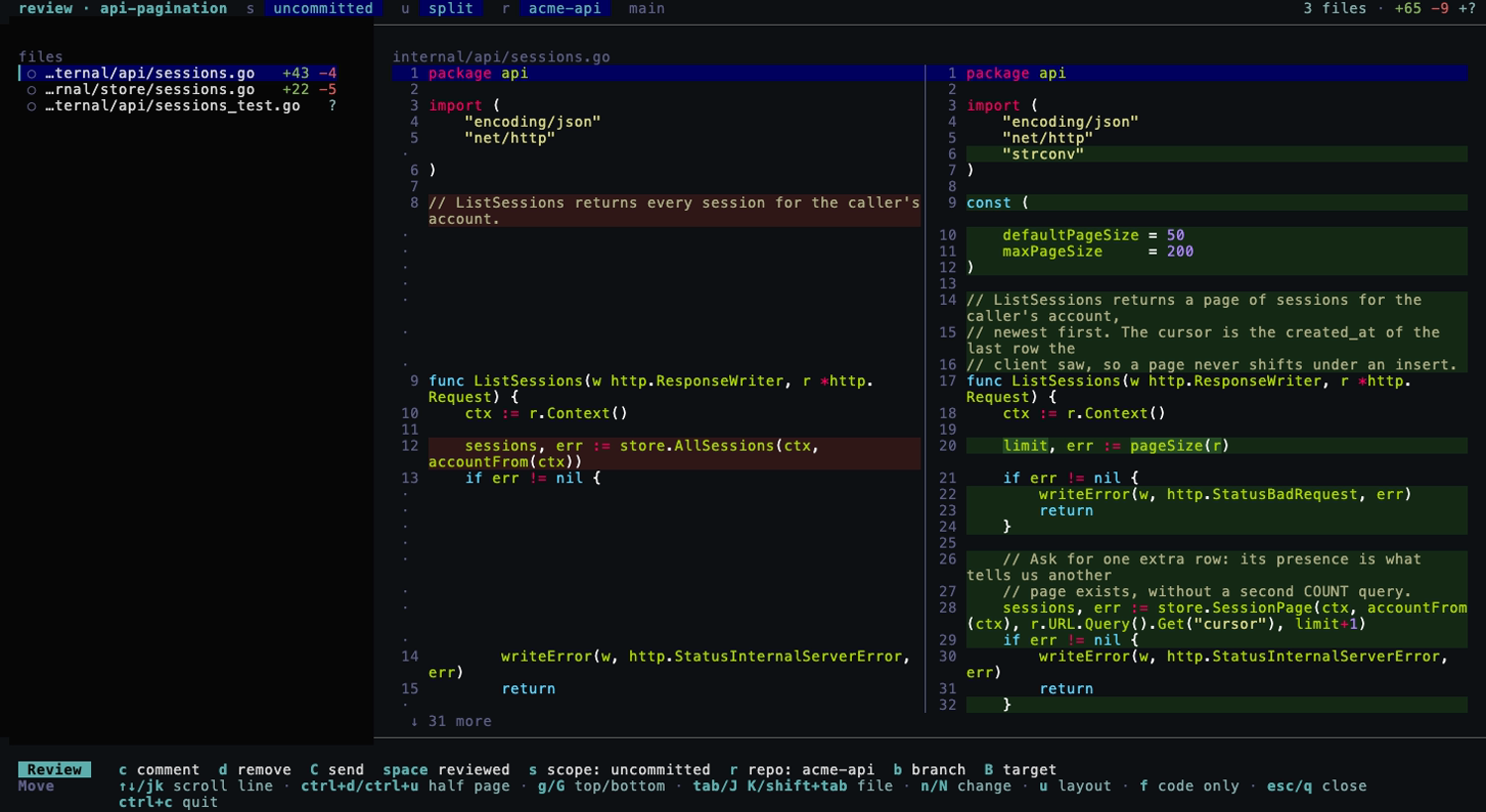 review, side by side, with the changed lines tinted in full file context