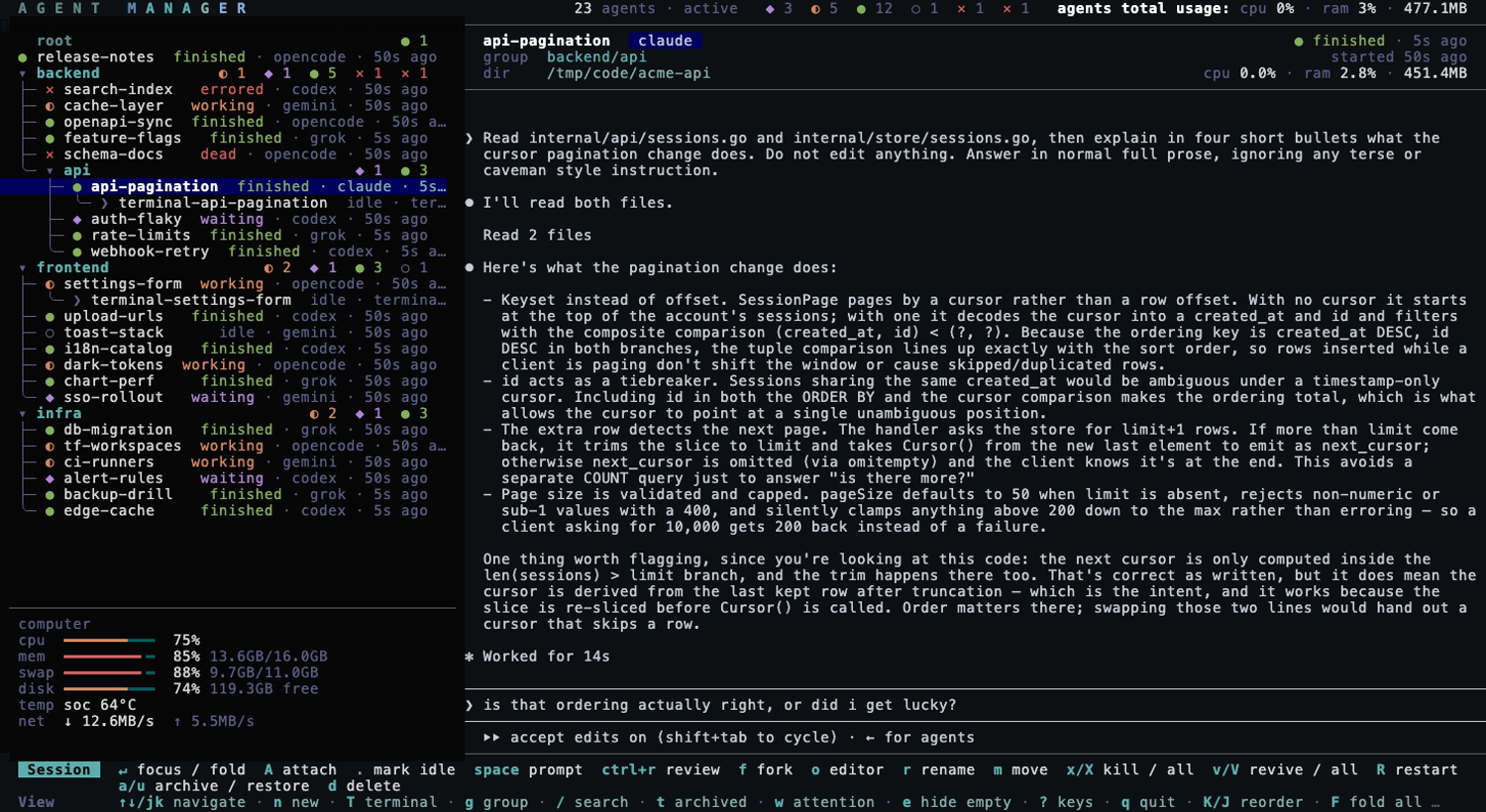 the session tree, with a waiting agent's permission prompt in the preview