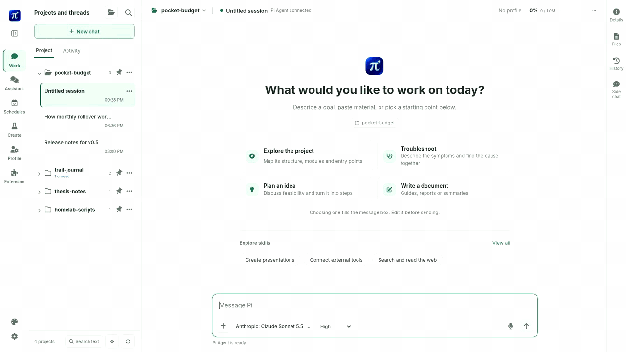 A coding task running in Pivane: plan, tool calls, tests and the final summary