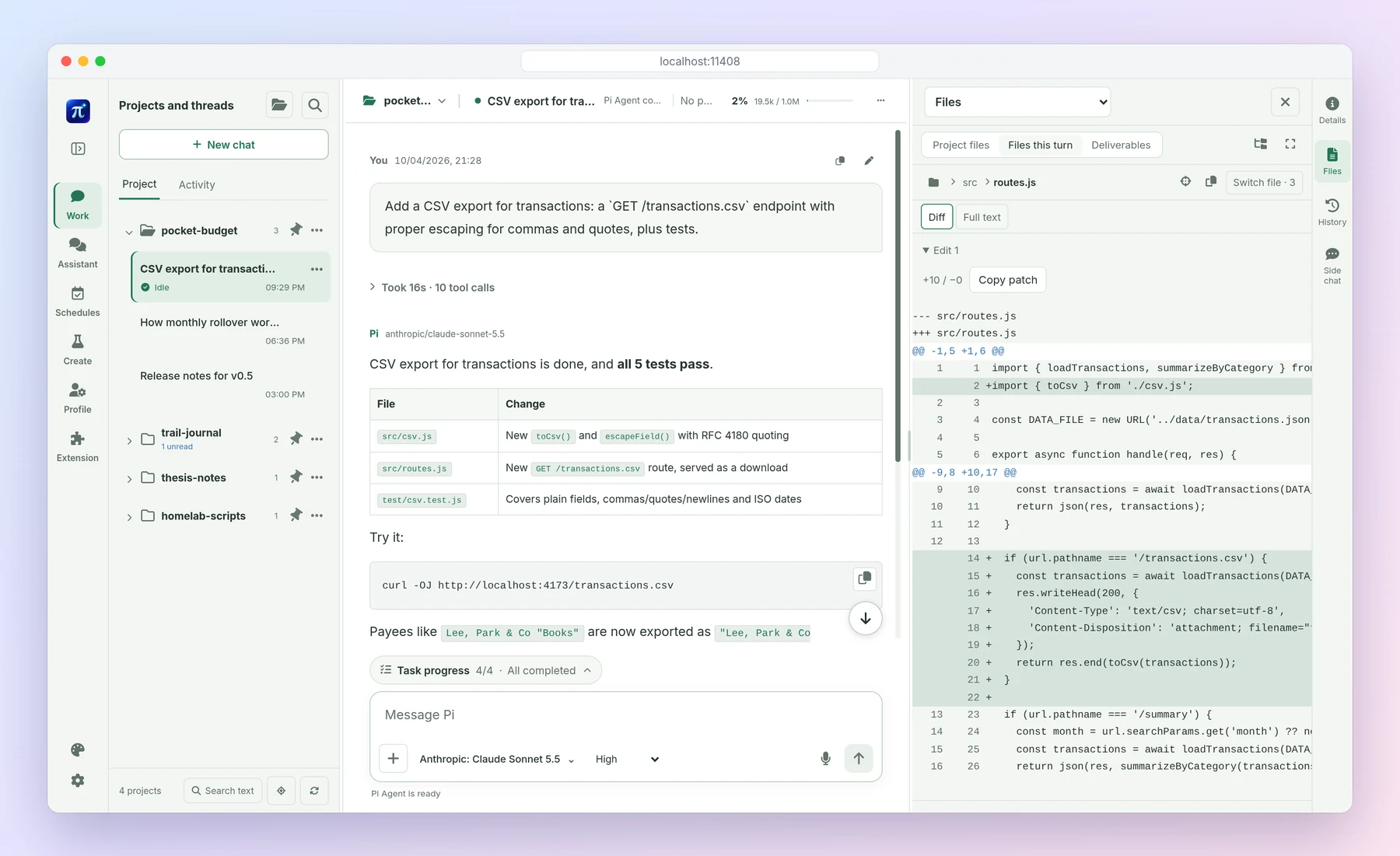 Pivane on the desktop: projects and threads, a finished coding task and its diff
