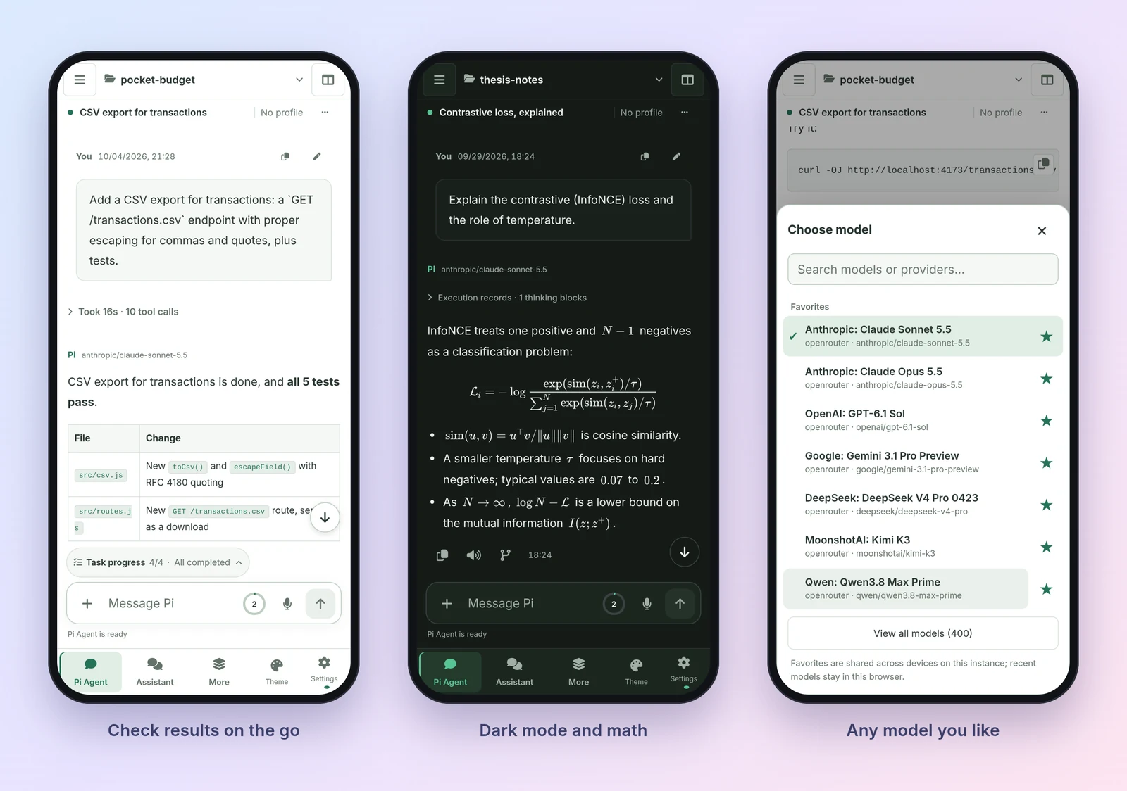 Pivane on phones: task results, dark mode with math, and the model picker