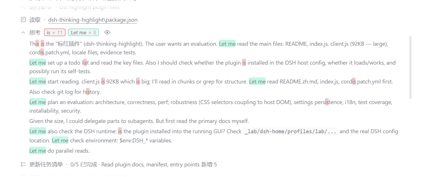 Count chips and keyword highlighting in a thinking row