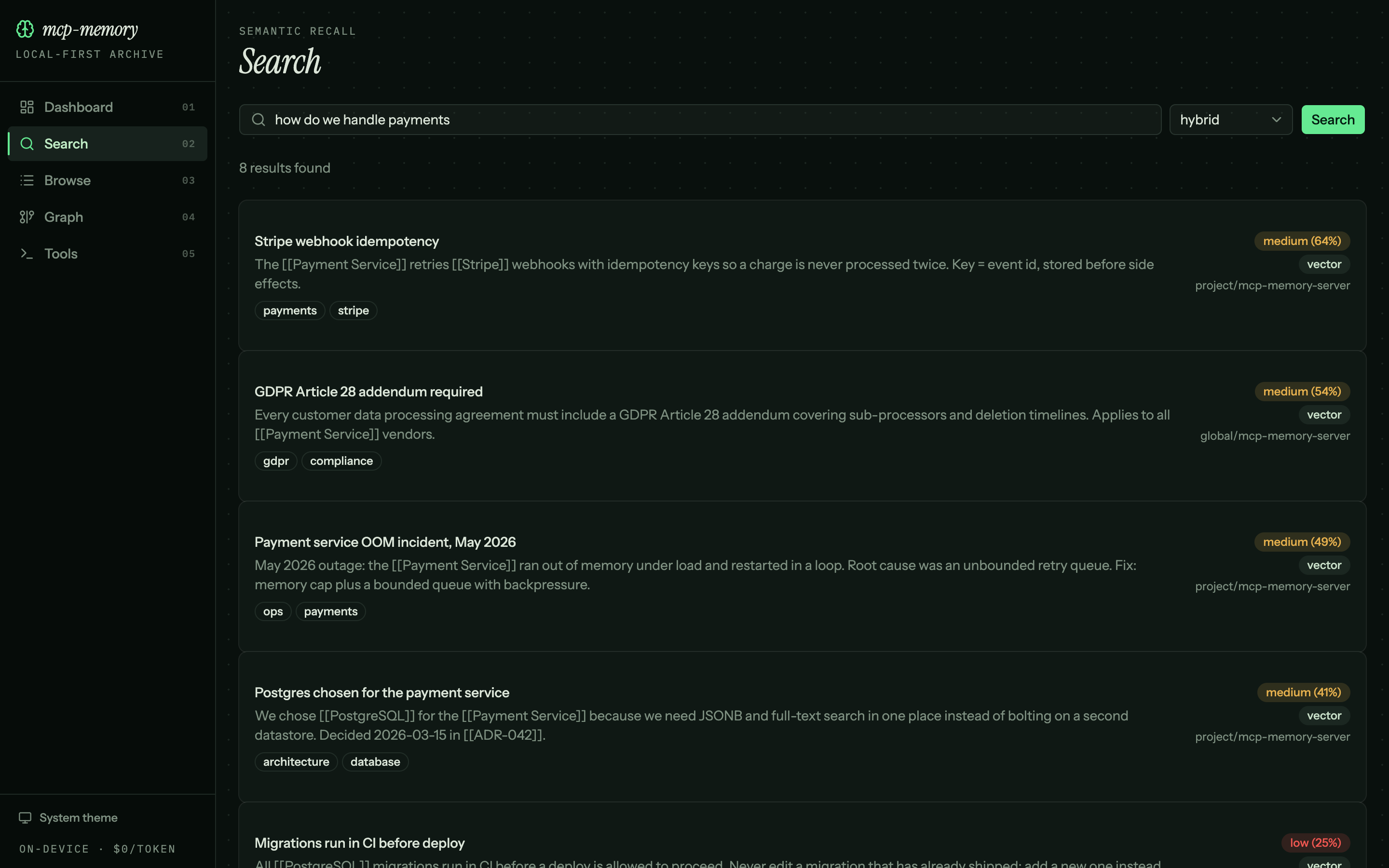 Semantic search results with confidence and match-type badges