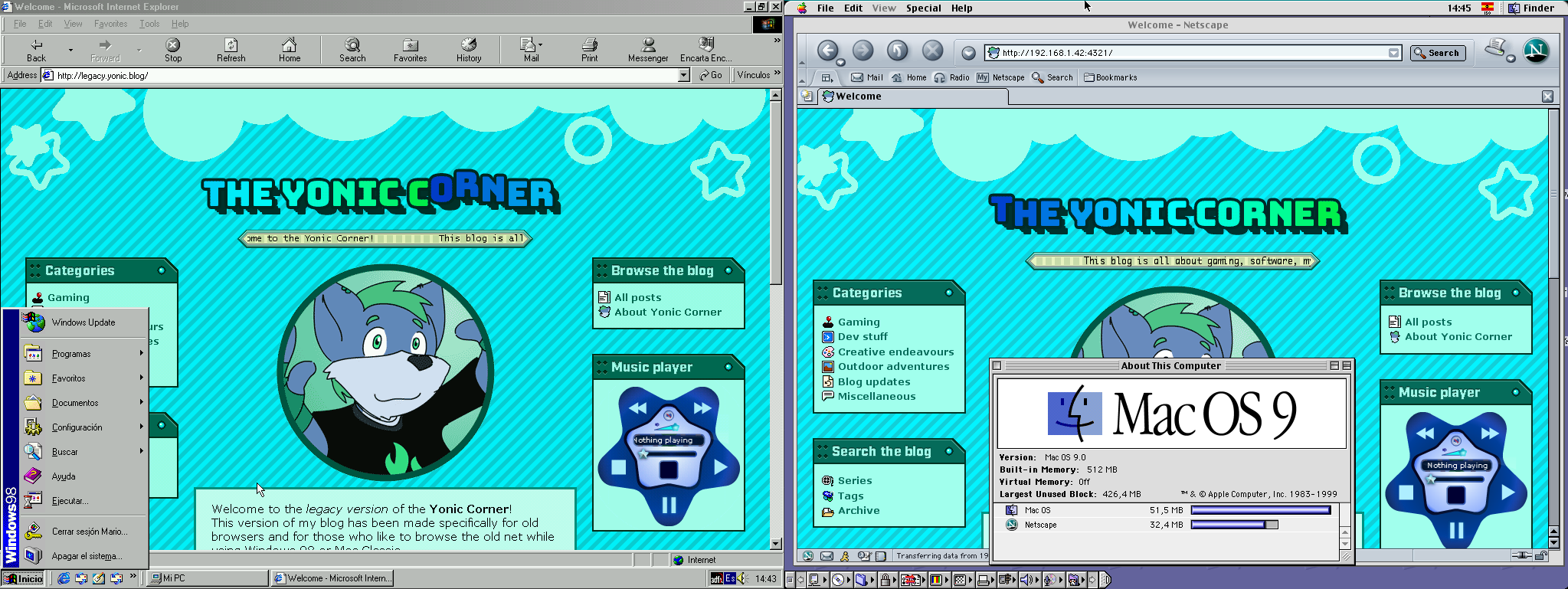 The Yonic Corner on IE 5.5 for Windows 98 and Netscape 7 for Mac OS 9