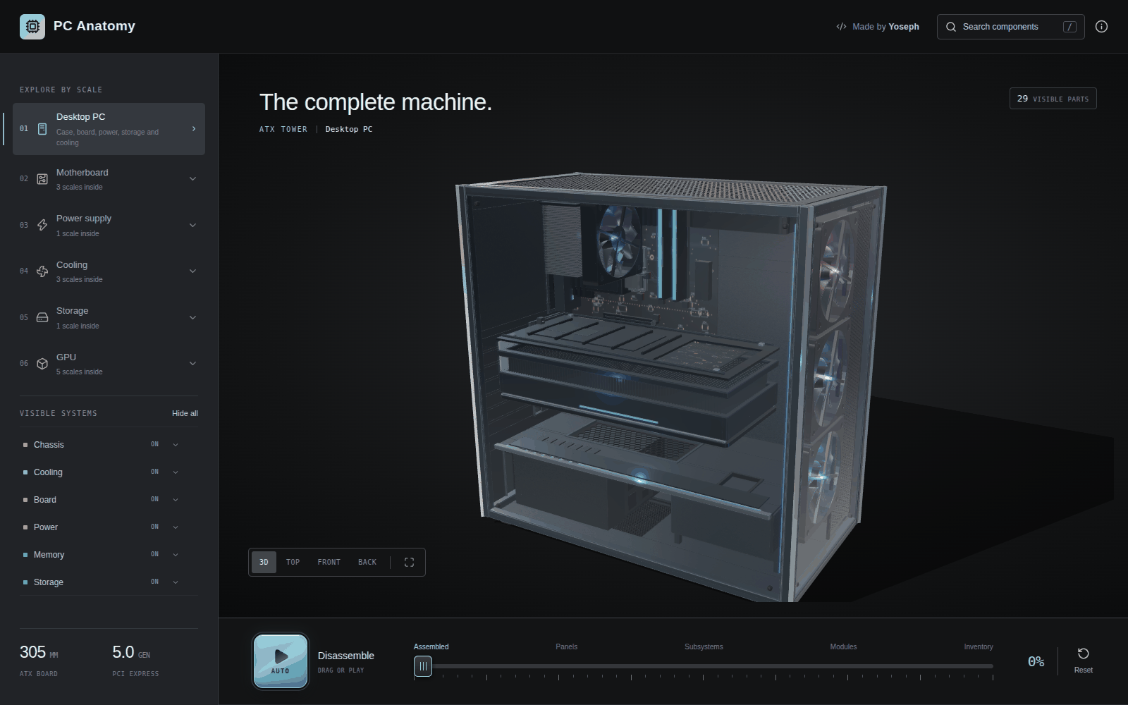 An assembled ATX tower in PC Anatomy: a dual-glass aluminium case with the motherboard, graphics card, cooler and power supply visible through the window