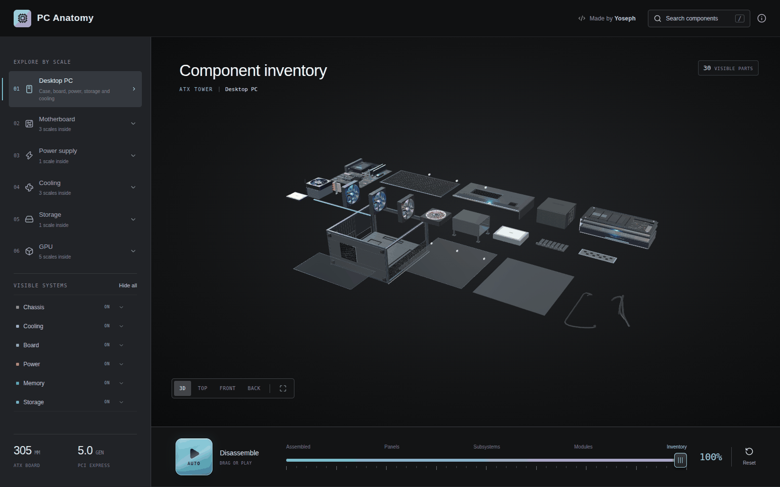 The same machine at the far end of the slider, with every part lifted out and laid flat as a component inventory