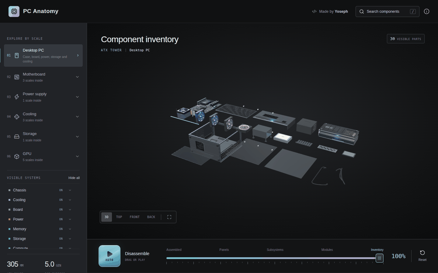 Every part of the machine laid out flat as a component inventory, seen on the desktop workbench