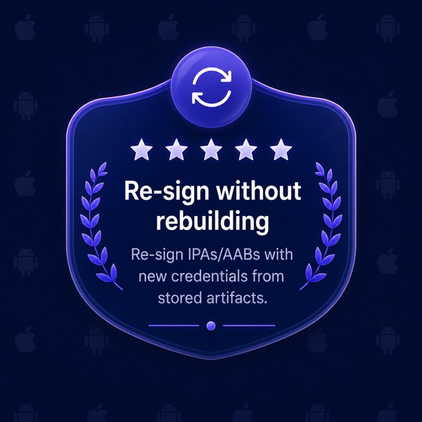 Re-sign without rebuilding — re-sign IPAs/AABs with new credentials from stored artifacts