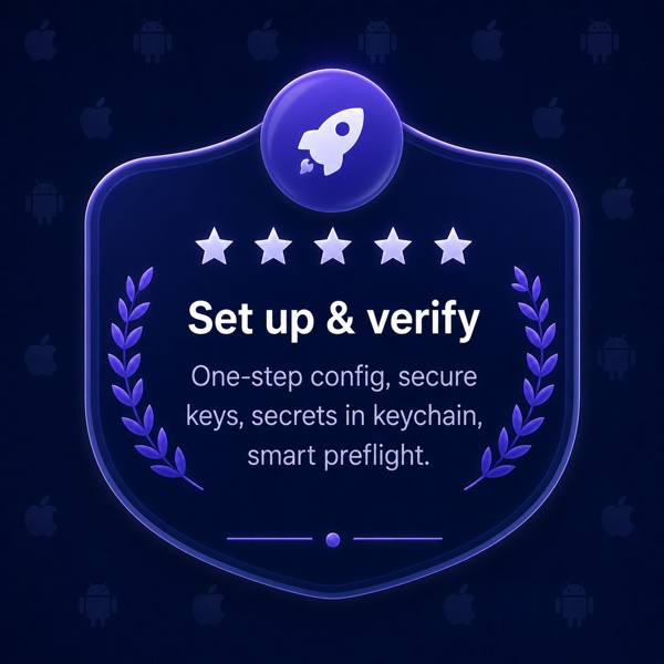 Set up & verify — one-step config, keys in your OS keychain, secrets, and a smart preflight