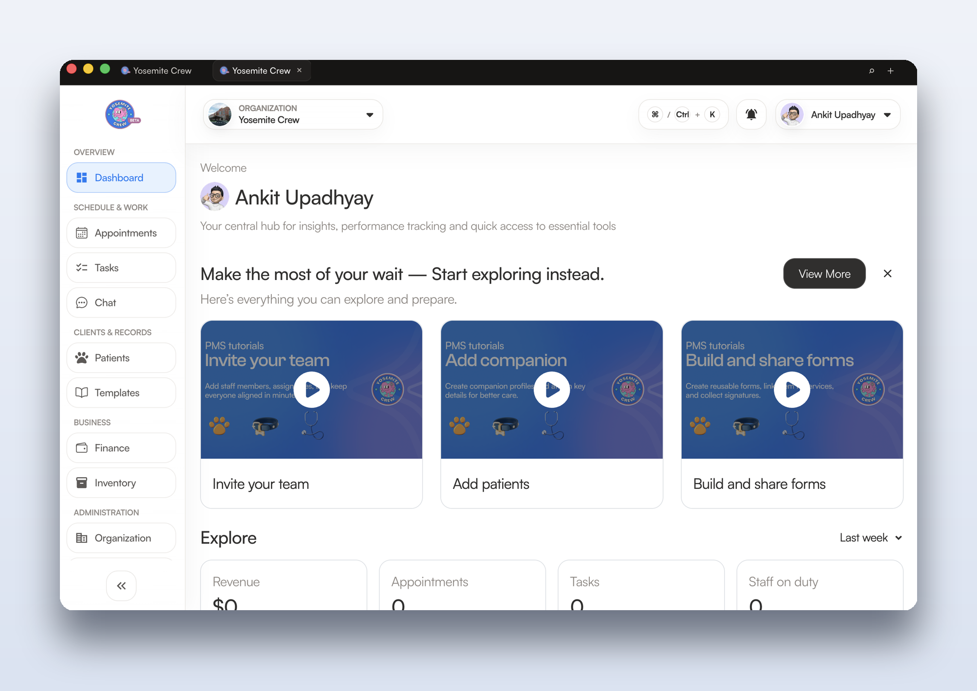 Yosemite Crew PIMS dashboard